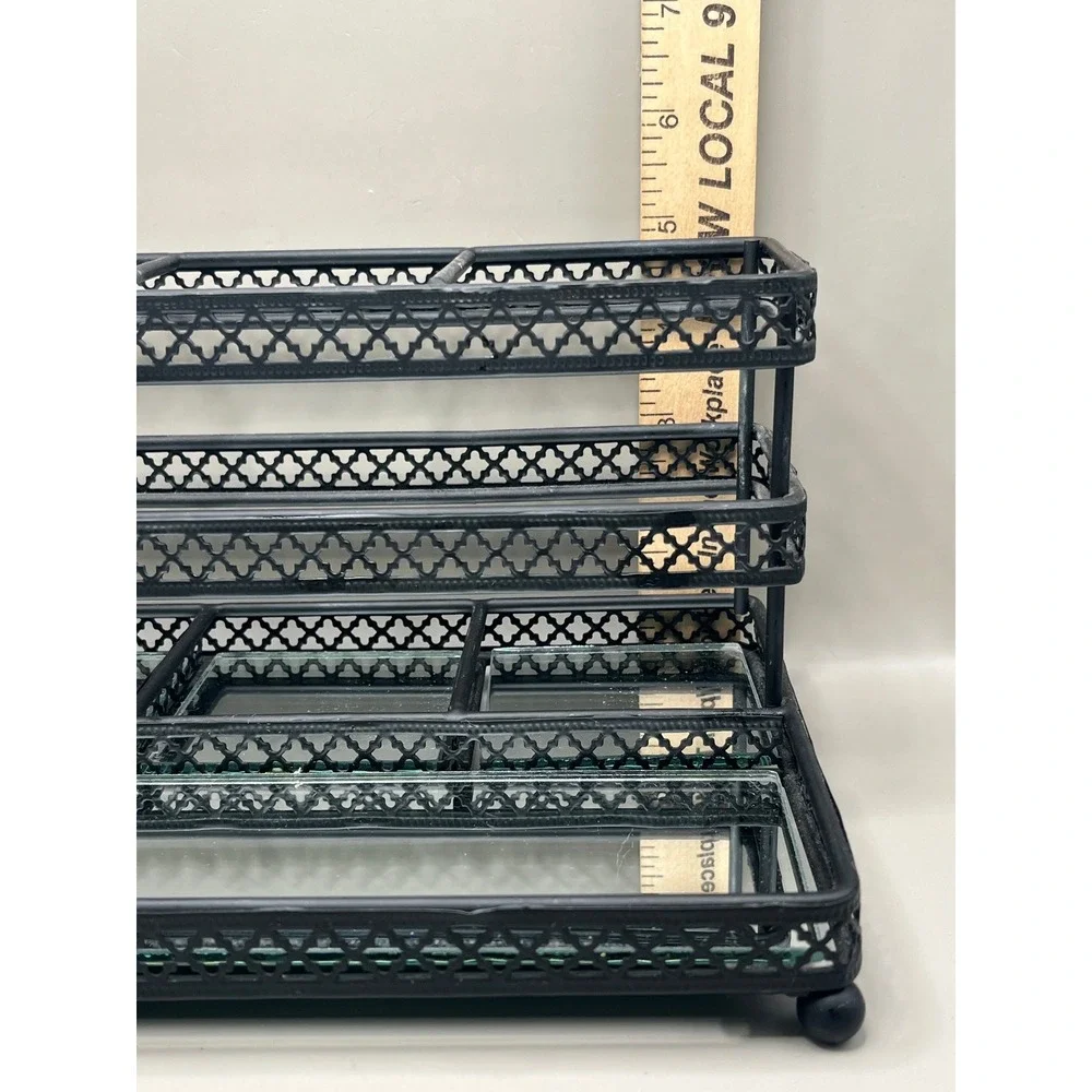 Black Metal 3 Tier Mirrored Vanity Organizer Makeup Jewelry Fretwork 9